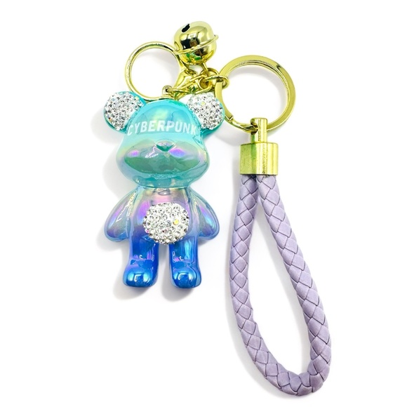 NWT CyberPunk Blue Ombre Translucent Rhinestone Teddy Bear Kawaii Keychain - Picture 1 of 2